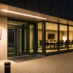 Verlichte administratieve ingang van Royal Antwerp FC aan de Bosuil.
