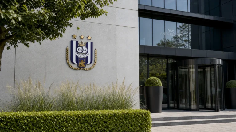 Ingang van een clubgebouw van RSC Anderlecht met een discreet clubembleem aan de gevel.