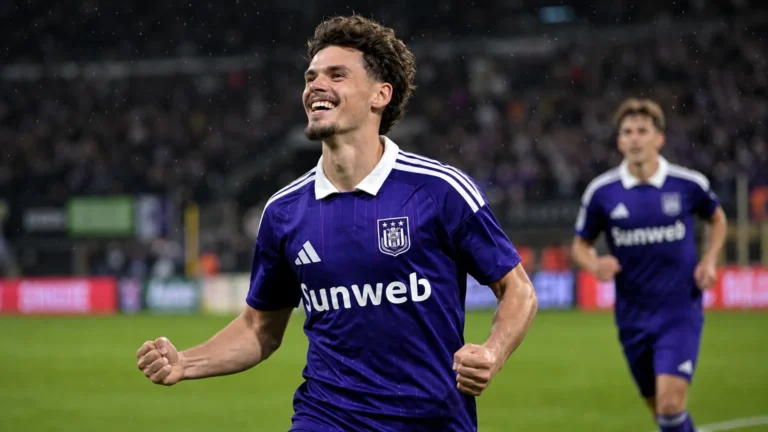 Lukas Ambros viert een doelpunt in het paarse wedstrijdtenue van Anderlecht.