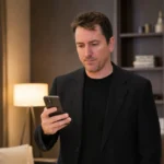 Sam Kerkhofs bekijkt een smartphone in een neutrale binnenruimte.