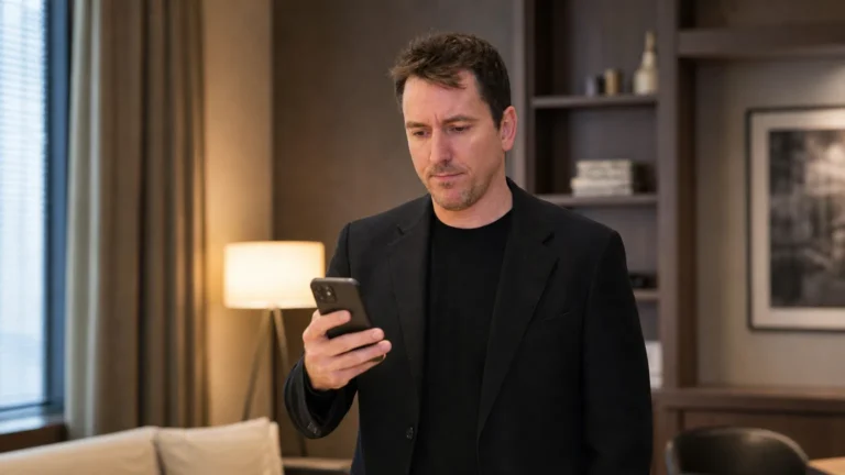 Sam Kerkhofs bekijkt een smartphone in een neutrale binnenruimte.