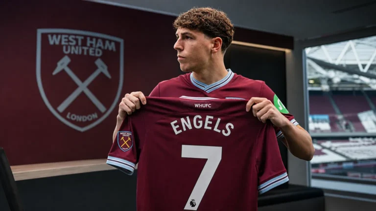 Arne Engels presenteert het shirt van West Ham United voor de clubmedia.