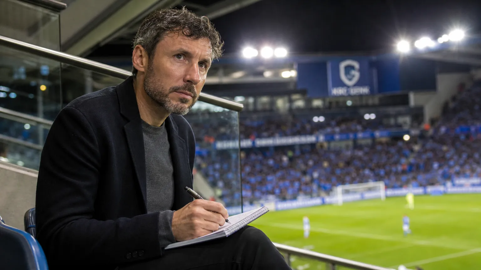 Mark van Bommel volgt als bondscoach aandachtig een wedstrijd vanuit de tribune van de Cegeka Arena.