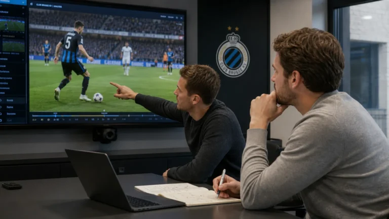 Analisten bekijken wedstrijdbeelden in een kantoor van Club Brugge.