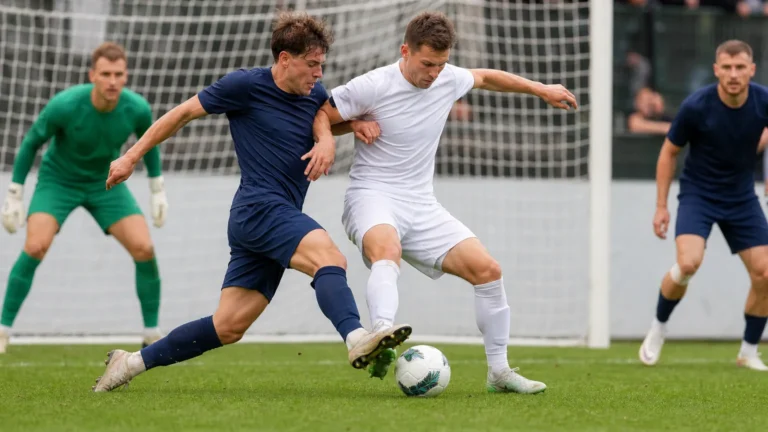 Spelers in een duel in het strafschopgebied tijdens een Belgische competitiewedstrijd.
