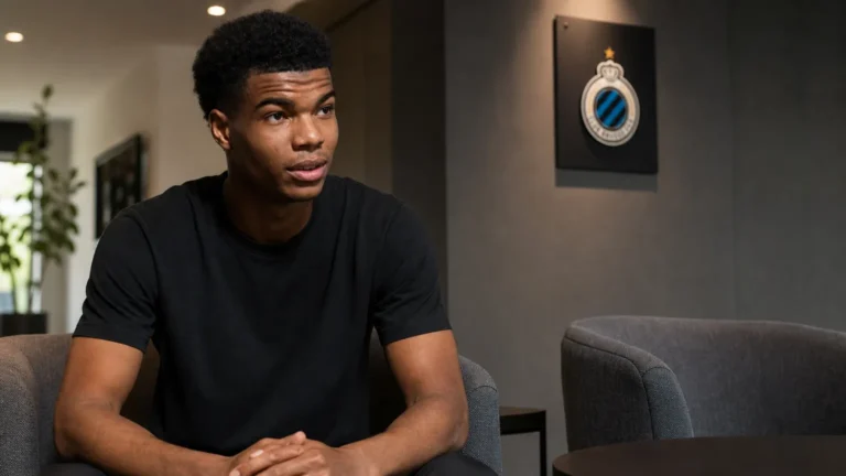 Alexandre Stanic in neutrale sportkleding in een rustige clubontvangstruimte met een discreet Club Brugge-embleem aan de muur.