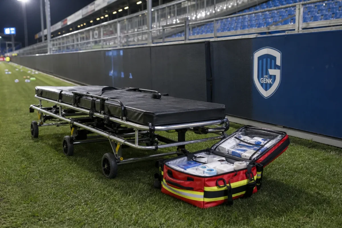 Een brancard en medische tas langs de zijlijn in een verlicht voetbalstadion.