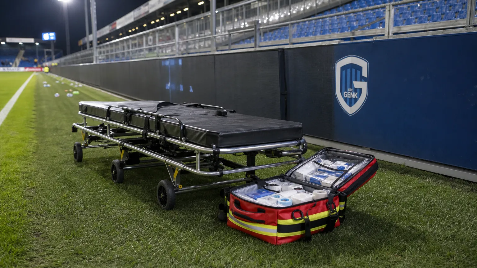 Een brancard en medische tas langs de zijlijn in een verlicht voetbalstadion.