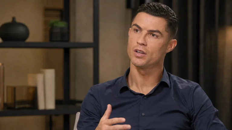 Cristiano Ronaldo tijdens een rustig interview in een stijlvolle binnenruimte.