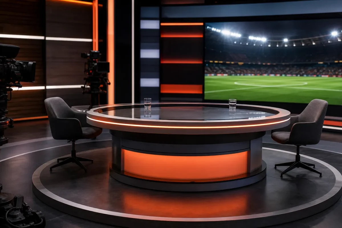 Een verlichte tafel in een Nederlandse voetbaltelevisiestudio na een discussieprogramma.