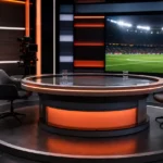 Een verlichte tafel in een Nederlandse voetbaltelevisiestudio na een discussieprogramma.