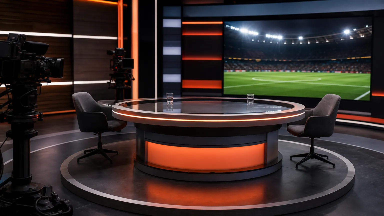 Een verlichte tafel in een Nederlandse voetbaltelevisiestudio na een discussieprogramma.