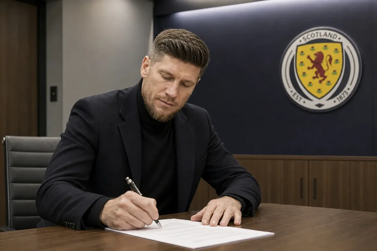 Sebastian Pocognoli ondertekent als nieuwe bondscoach een document in een ruimte van de Schotse voetbalbond.