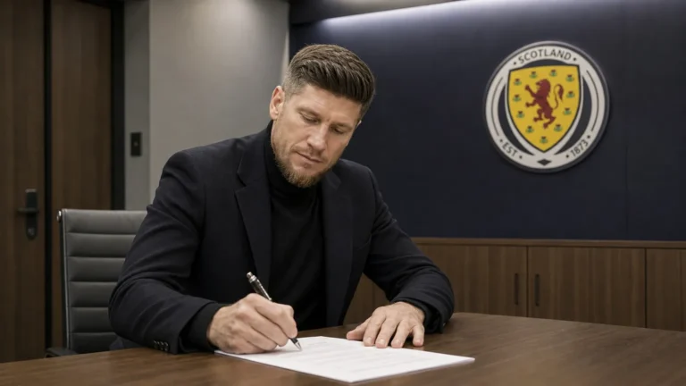 Sebastian Pocognoli ondertekent als nieuwe bondscoach een document in een ruimte van de Schotse voetbalbond.