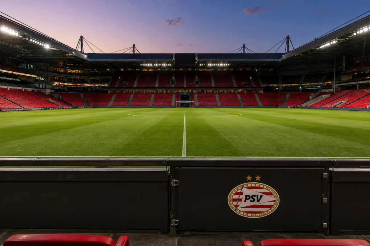 Een leeg voetbalveld in een PSV-stadion met een discreet PSV-embleem aan de rand van de tribune.