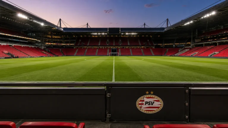 Een leeg voetbalveld in een PSV-stadion met een discreet PSV-embleem aan de rand van de tribune.