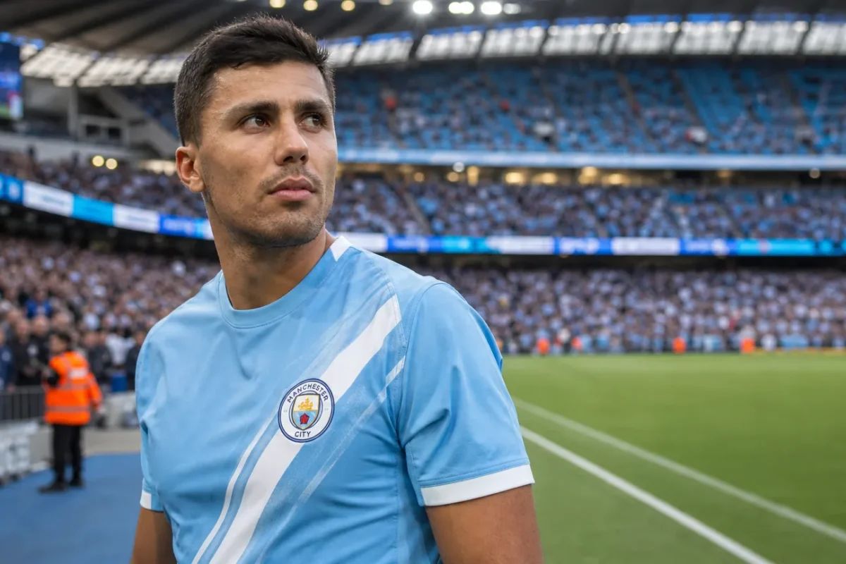 Rodri in het tenue van Manchester City op het veld van een stadion.