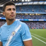 Rodri in het tenue van Manchester City op het veld van een stadion.