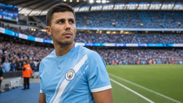Rodri in het tenue van Manchester City op het veld van een stadion.