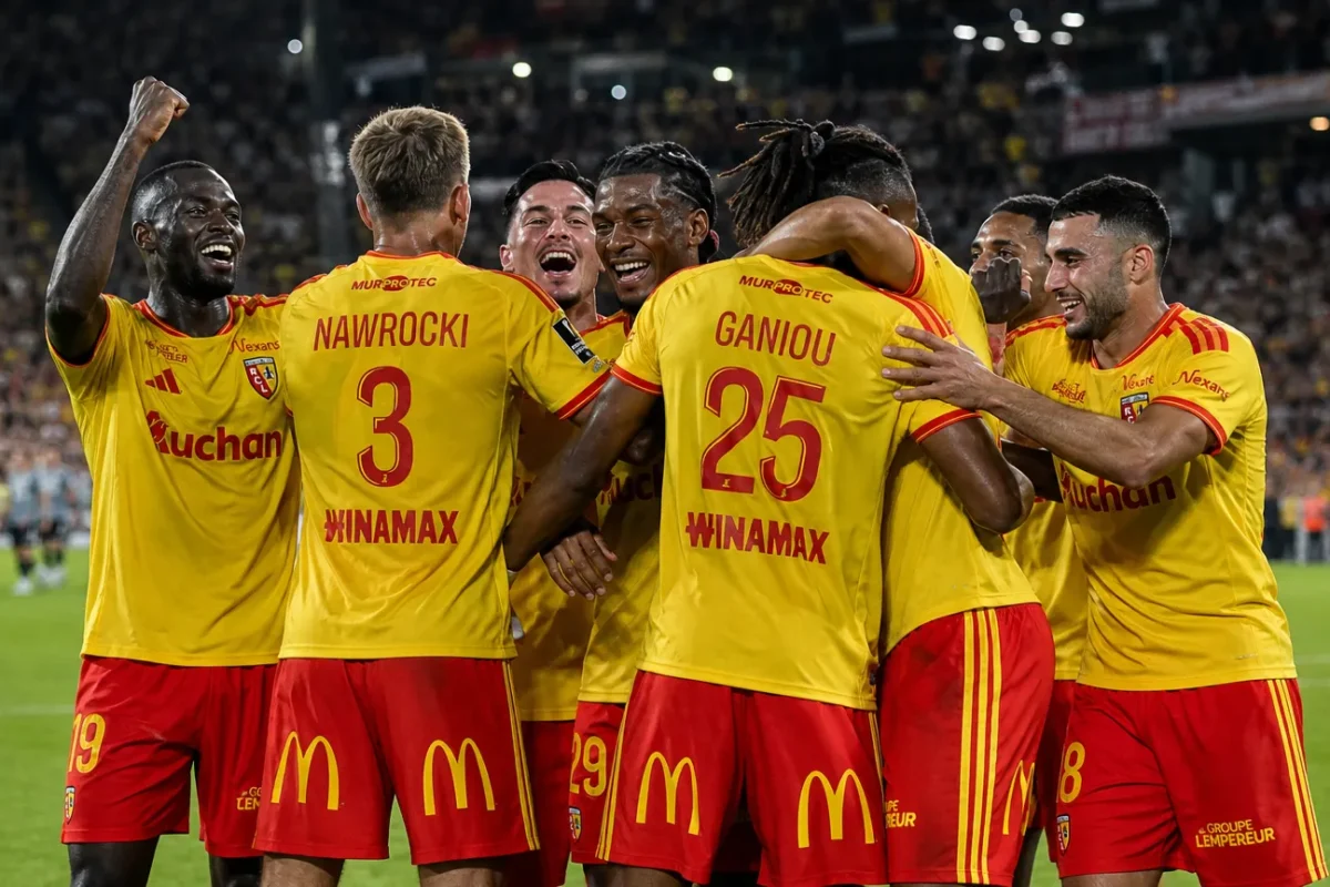 Spelers van RC Lens vieren samen op het veld na afloop van de Franse Supercup.