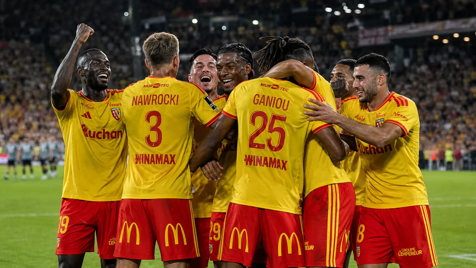 Spelers van RC Lens vieren samen op het veld na afloop van de Franse Supercup.