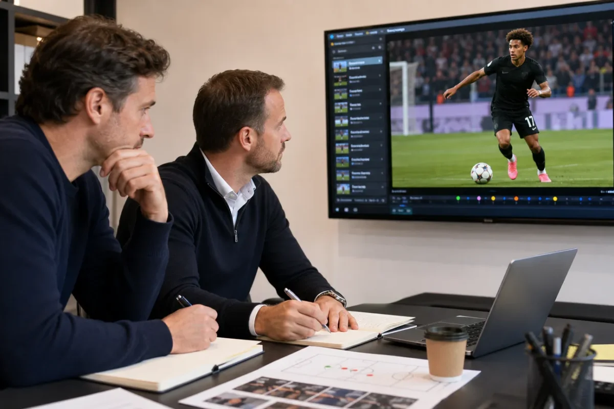 Twee rekruteringsmedewerkers bekijken spelersbeelden in een neutrale voetbalwerkomgeving.