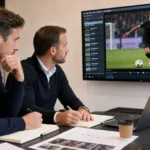 Twee rekruteringsmedewerkers bekijken spelersbeelden in een neutrale voetbalwerkomgeving.