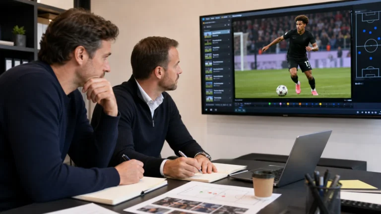 Twee rekruteringsmedewerkers bekijken spelersbeelden in een neutrale voetbalwerkomgeving.
