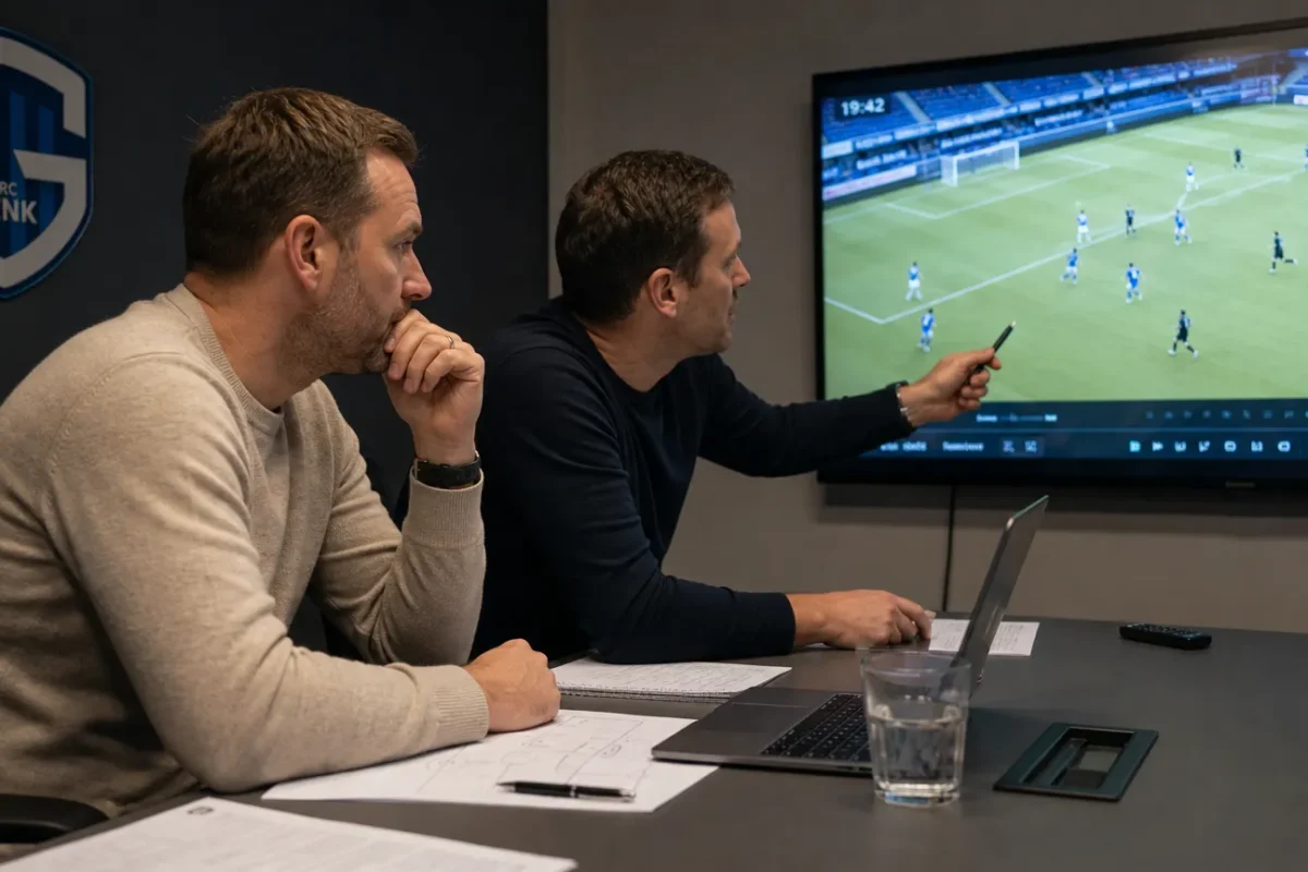 Medewerkers bekijken beelden in een operationele ruimte van KRC Genk.