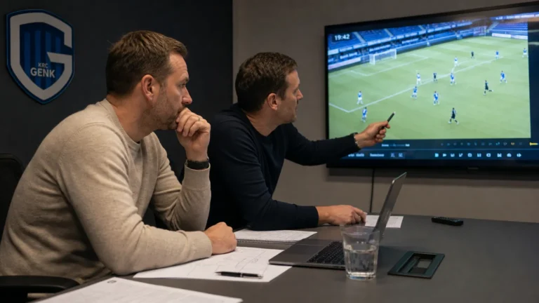 Medewerkers bekijken beelden in een operationele ruimte van KRC Genk.