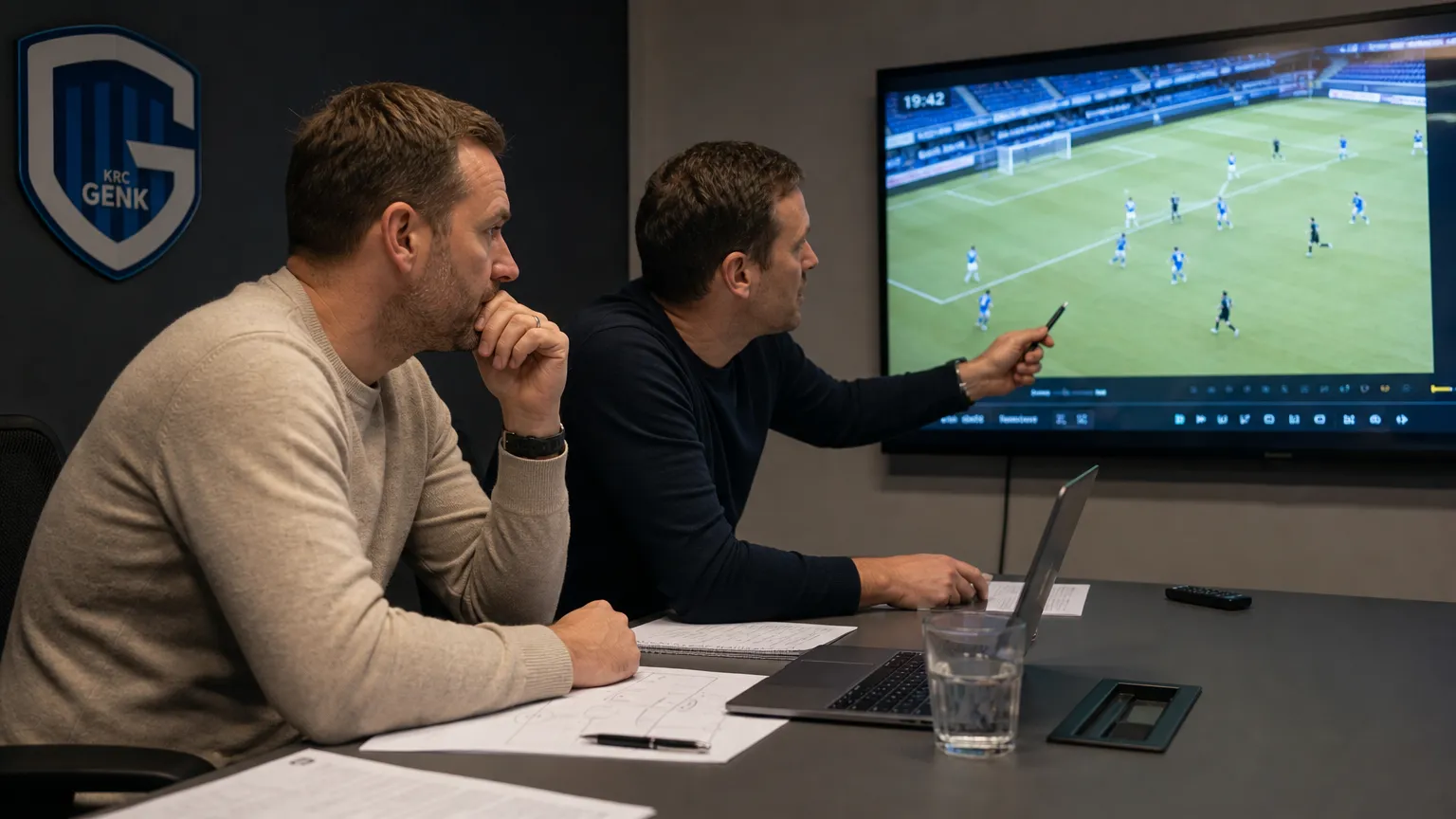 Medewerkers bekijken beelden in een operationele ruimte van KRC Genk.