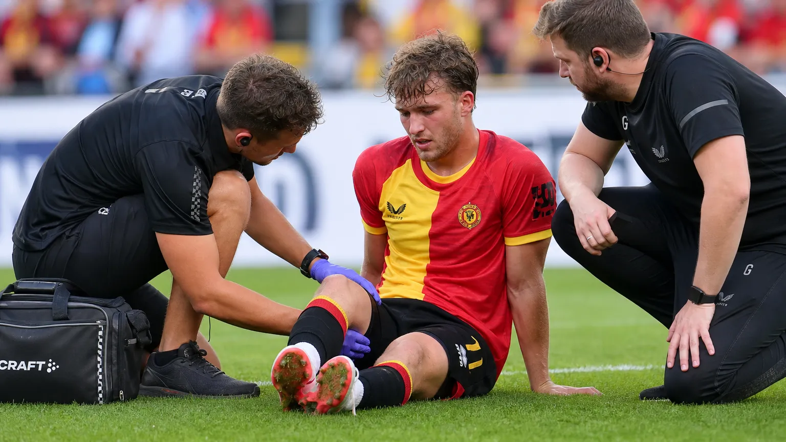 Leo Hjelde van KV Mechelen zit op het veld terwijl verzorgers hem bijstaan.