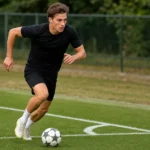 Een voetballer sprint met de bal langs de zijlijn richting de achterlijn.