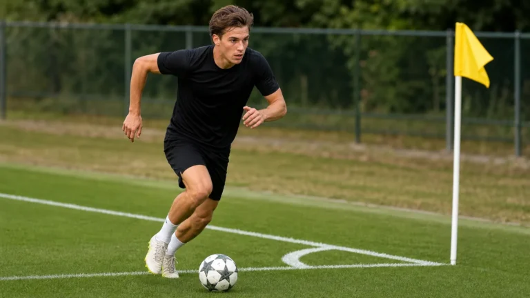Een voetballer sprint met de bal langs de zijlijn richting de achterlijn.