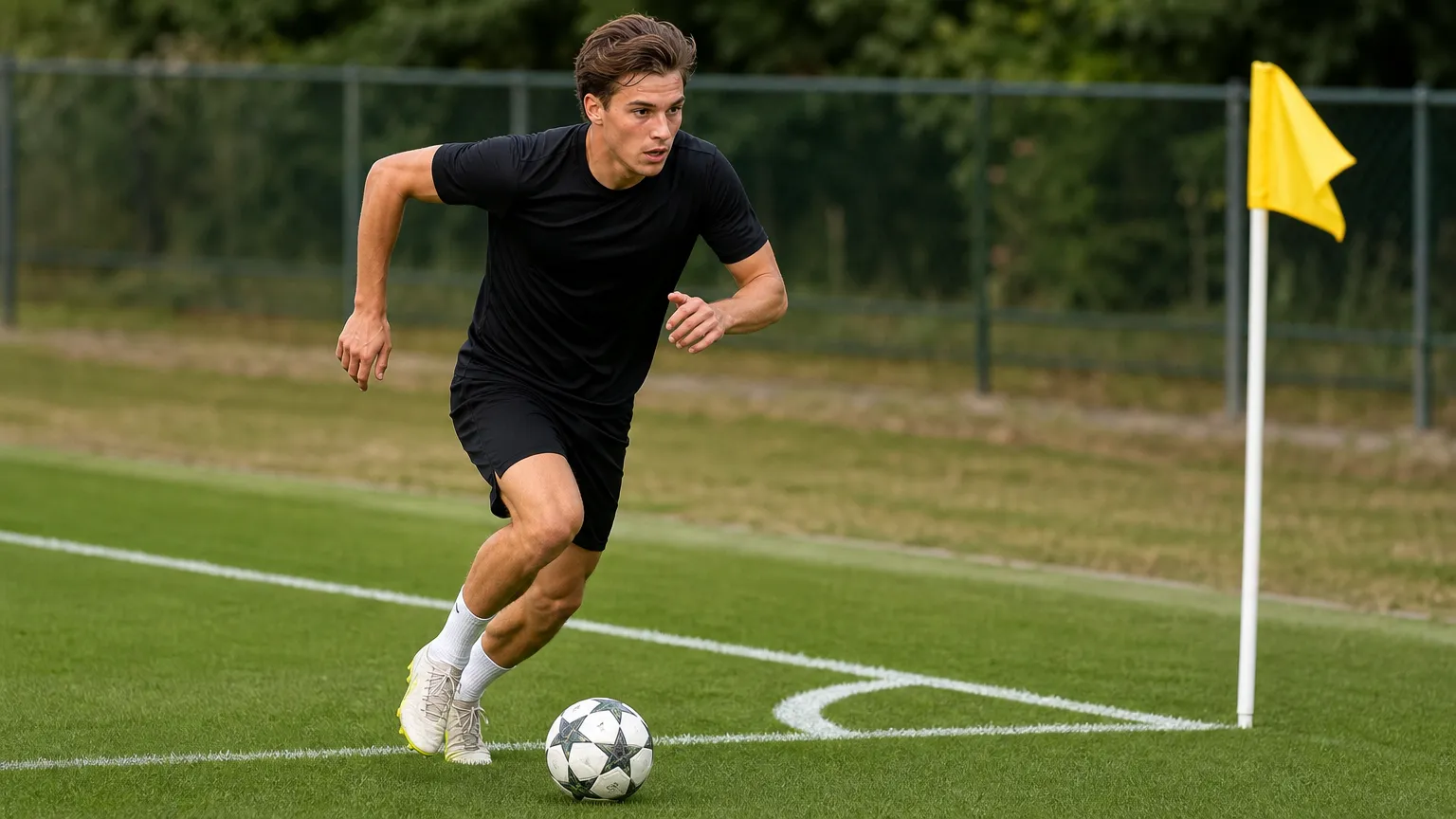 Een voetballer sprint met de bal langs de zijlijn richting de achterlijn.