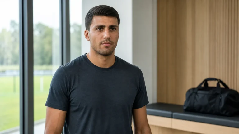 Rodri in neutrale sportkleding in een rustige professionele voetbalomgeving.