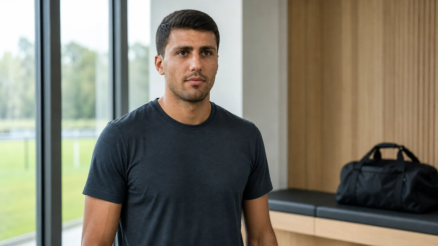 Rodri in neutrale sportkleding in een rustige professionele voetbalomgeving.
