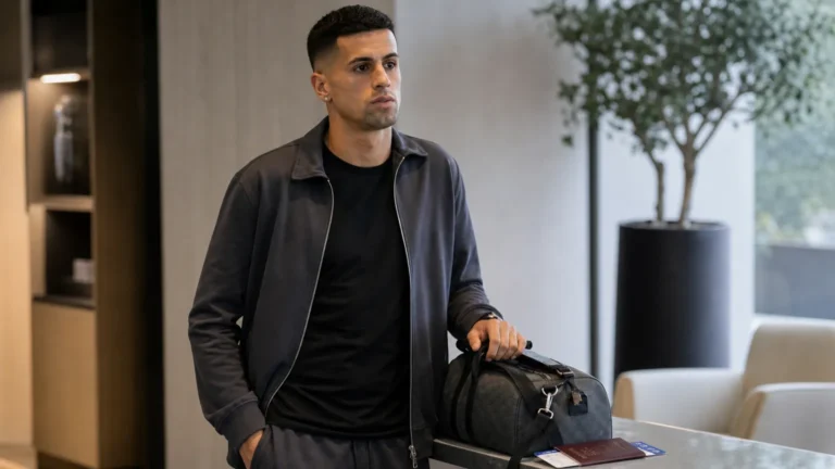 João Cancelo in neutrale reiskleding in een rustige vertrekruimte met een reistas.