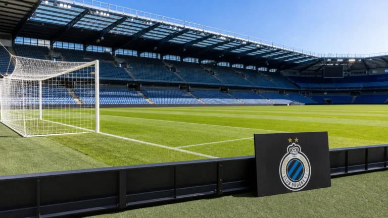 Een leeg grasveld in het stadion van Club Brugge met een discreet clubbord langs de rand.