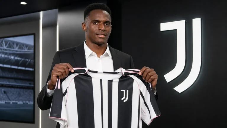 Jhon Lucumi poseert met een Juventus-shirt tijdens zijn officiële voorstelling.
