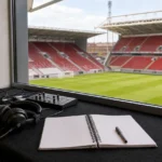 Een lege commentaarpositie met koptelefoon en zicht op een voetbalstadion van Antwerp.