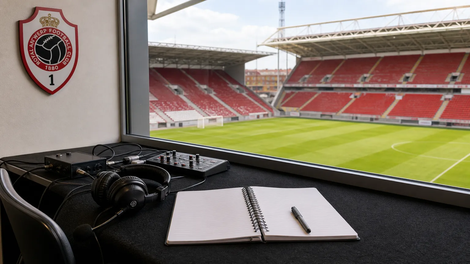 Een lege commentaarpositie met koptelefoon en zicht op een voetbalstadion van Antwerp.