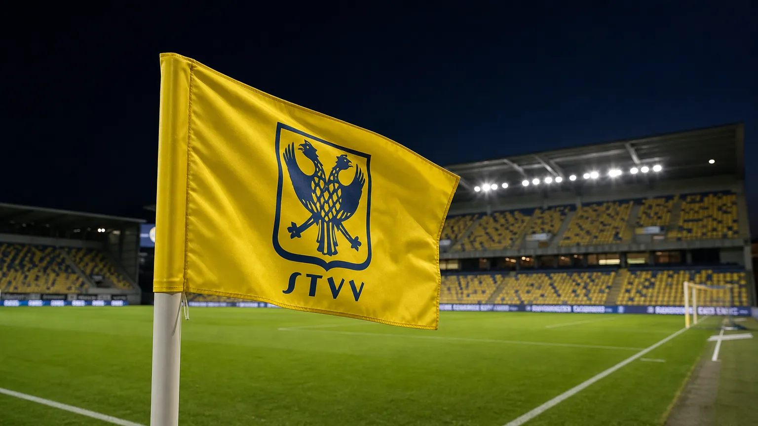 Een STVV-vlag naast het veld van een leeg stadion.