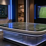 Lege desk in een voetbalstudio met tactische schermen op de achtergrond