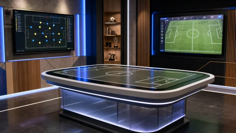 Lege desk in een voetbalstudio met tactische schermen op de achtergrond
