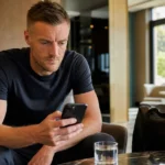 Jamie Vardy bekijkt aandachtig zijn telefoon in een rustige hotellounge.