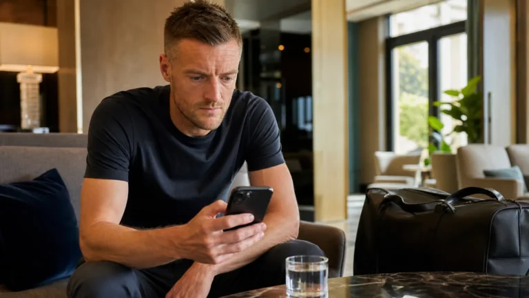 Jamie Vardy bekijkt aandachtig zijn telefoon in een rustige hotellounge.