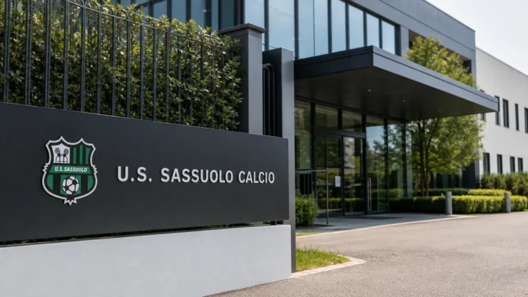 De ingang van het clubgebouw van Sassuolo met een discreet clubembleem.