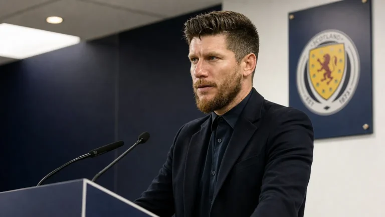 Sébastien Pocognoli spreekt als bondscoach op een persmoment van Schotland.