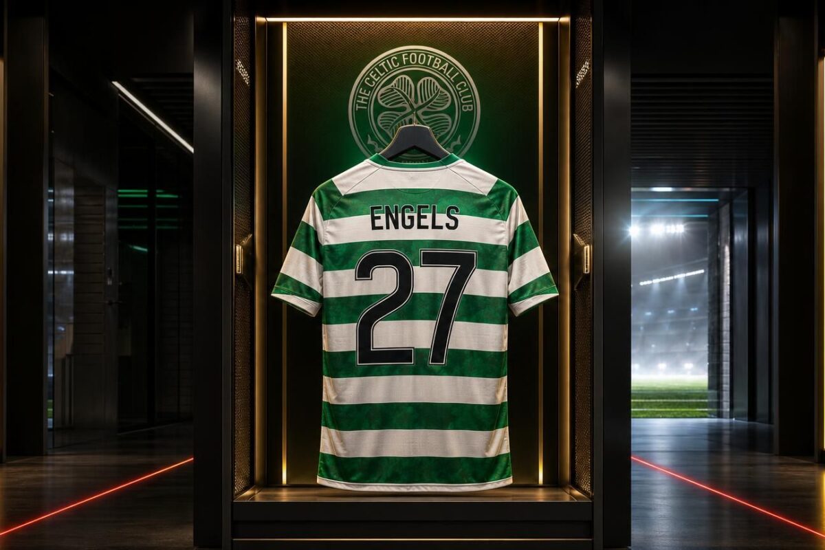 Celtic-shirt van Arne Engels met rugnummer 27 in een futuristische kleedkamer